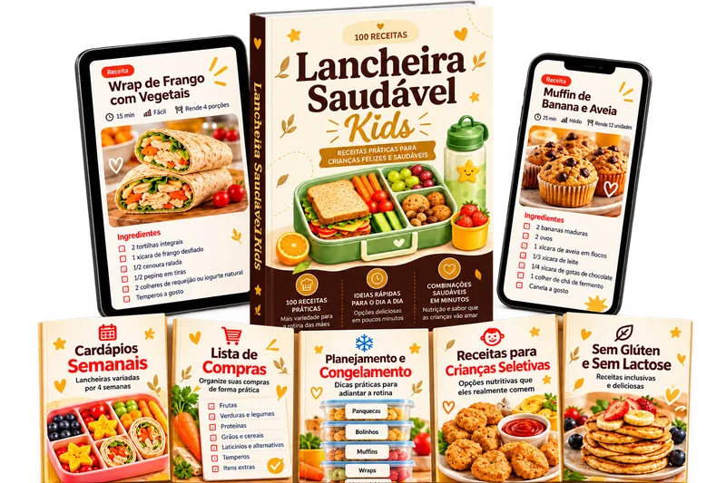Lancheira Saudável Kids: livro com 100 receitas, acesso no celular e tablet, e os materiais bônus